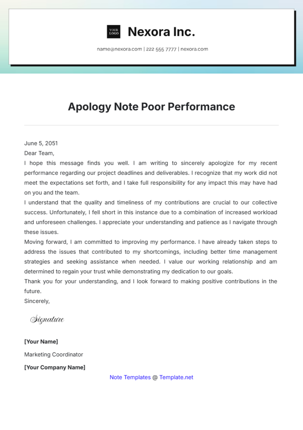 Apology Note Poor Performance Template - Edit Online & Download