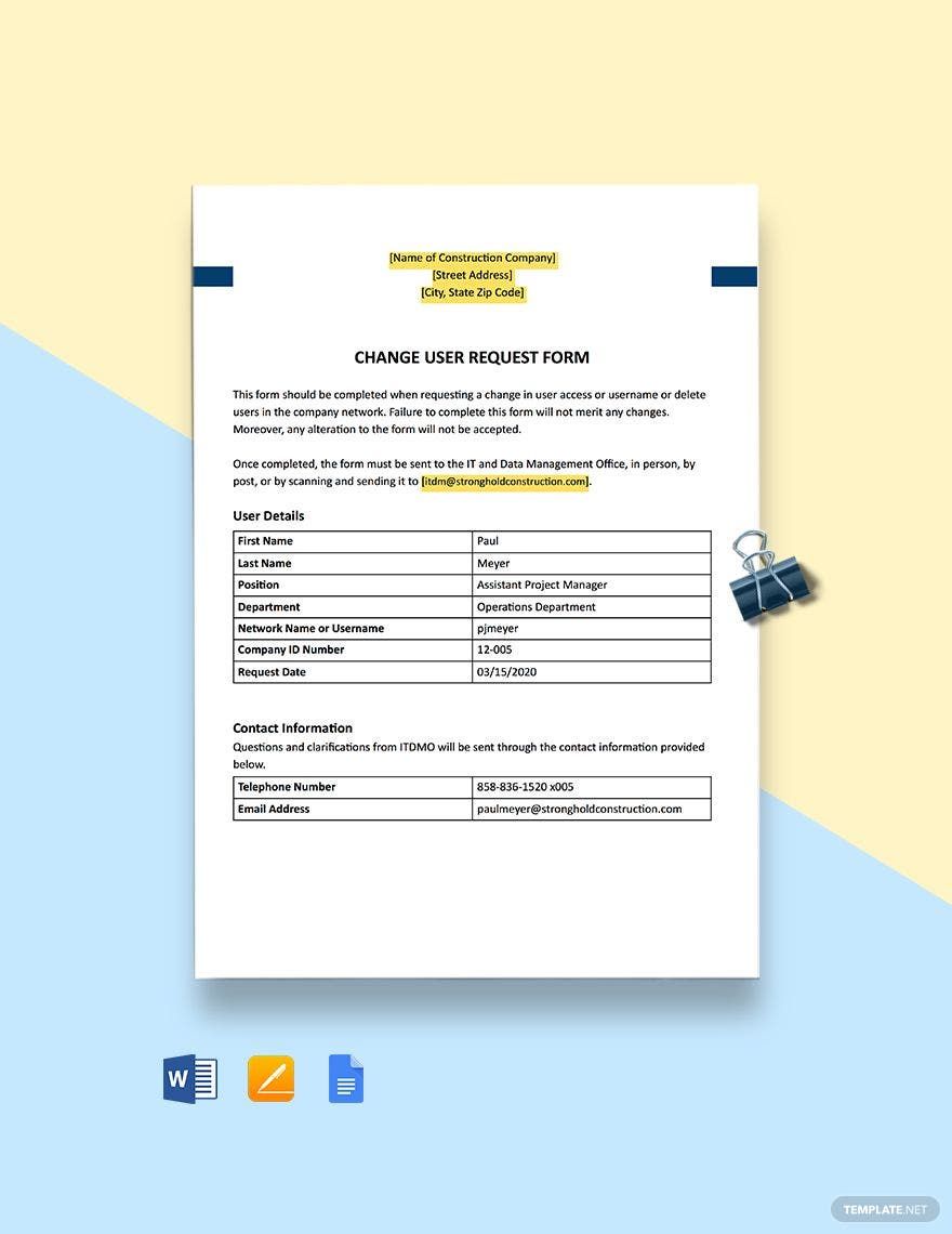 Construction Change User Request Form Template