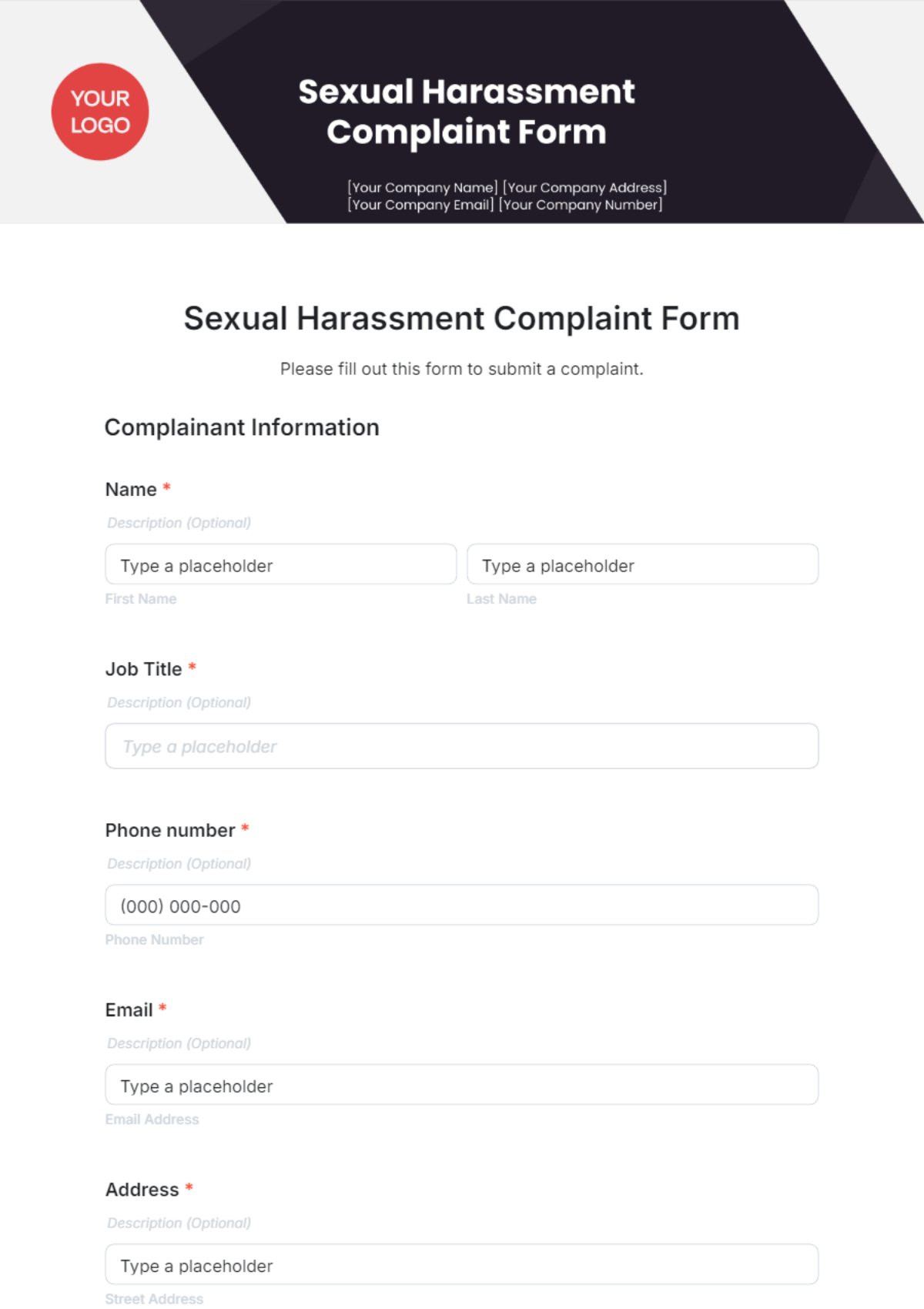 Sexual Harassment Complaint Form Template - Edit Online & Download