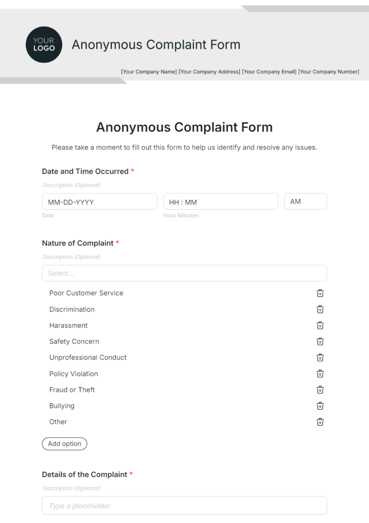 Anonymous Complaint Form Template