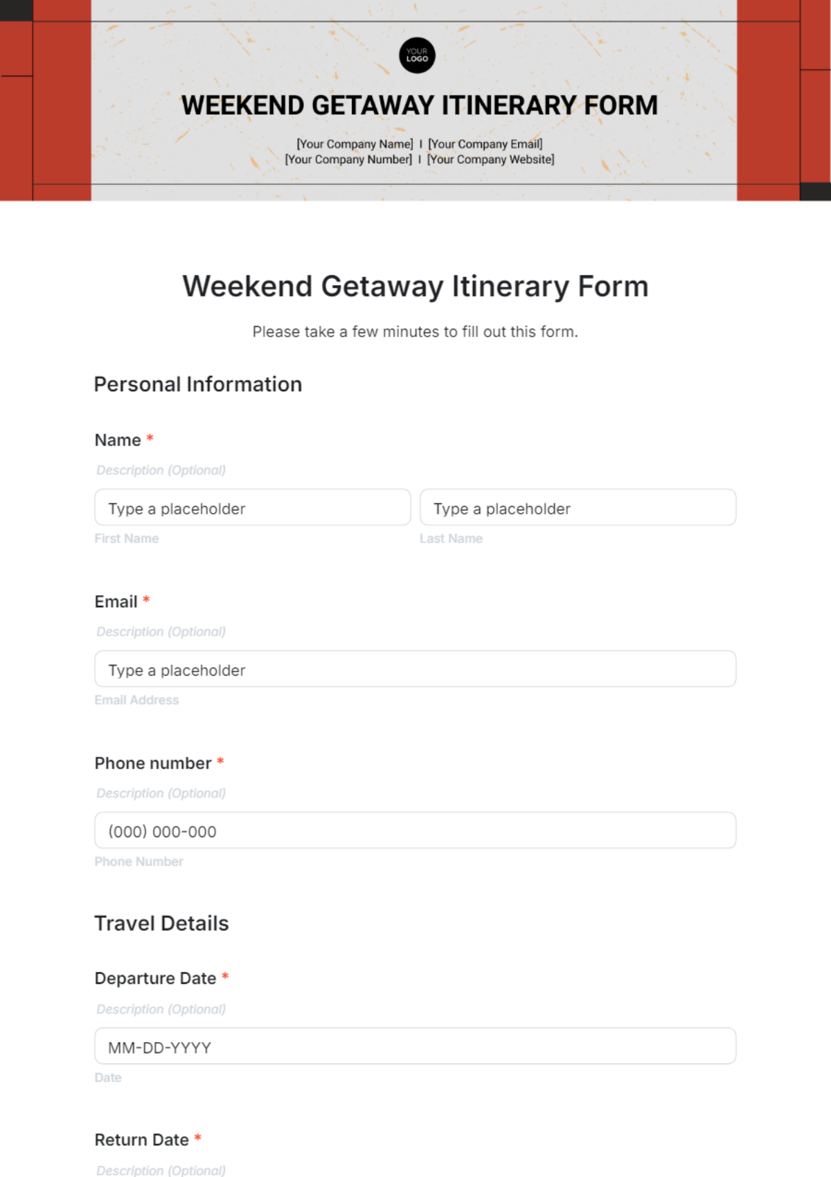 Weekend Getaway Itinerary Form Template - Edit Online & Download