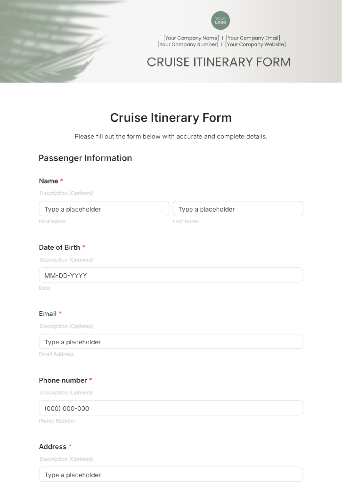 Cruise Itinerary Form Template - Edit Online & Download