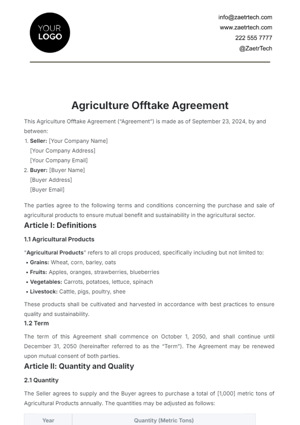 Agriculture Offtake Agreement Template - Edit Online & Download