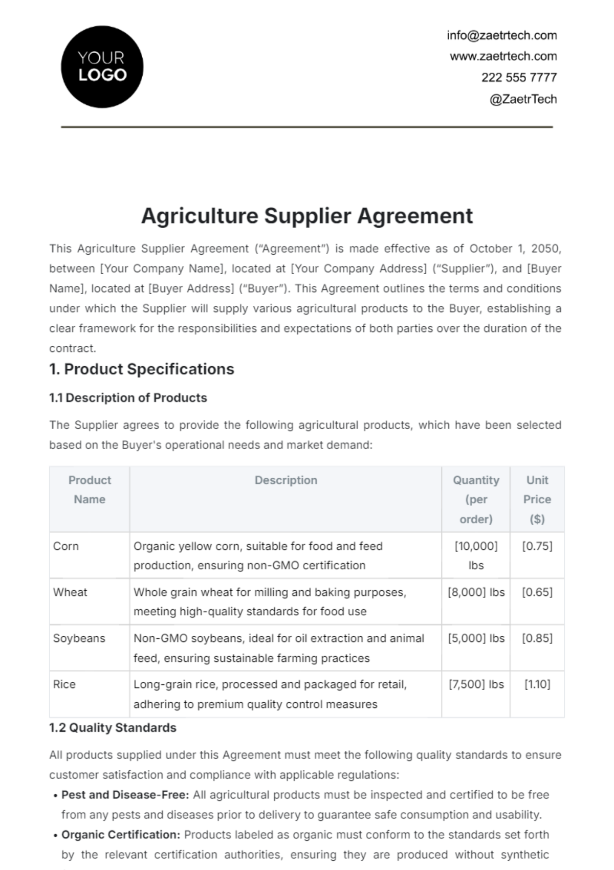 Agriculture Supplier Agreement Template - Edit Online & Download