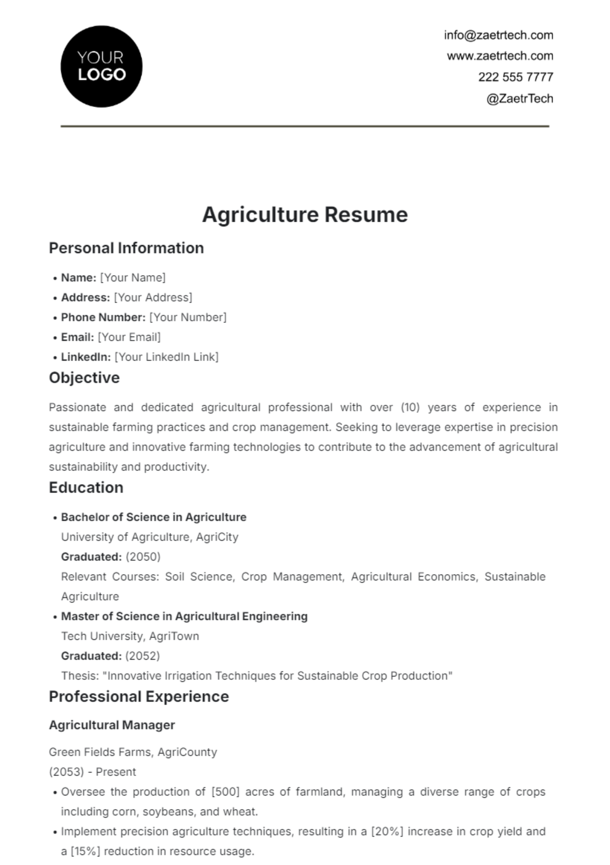 Agriculture Resume Template - Edit Online & Download