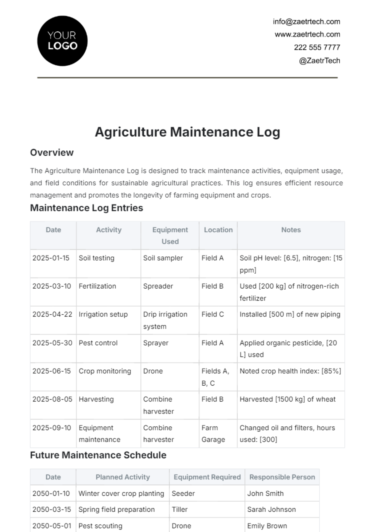 Agriculture Maintenance Log Template - Edit Online & Download