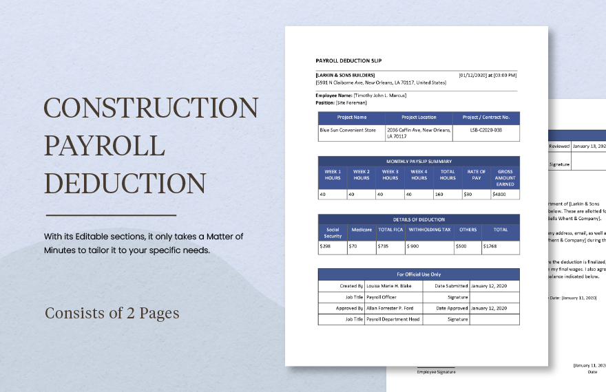 Construction Payroll Deduction Template