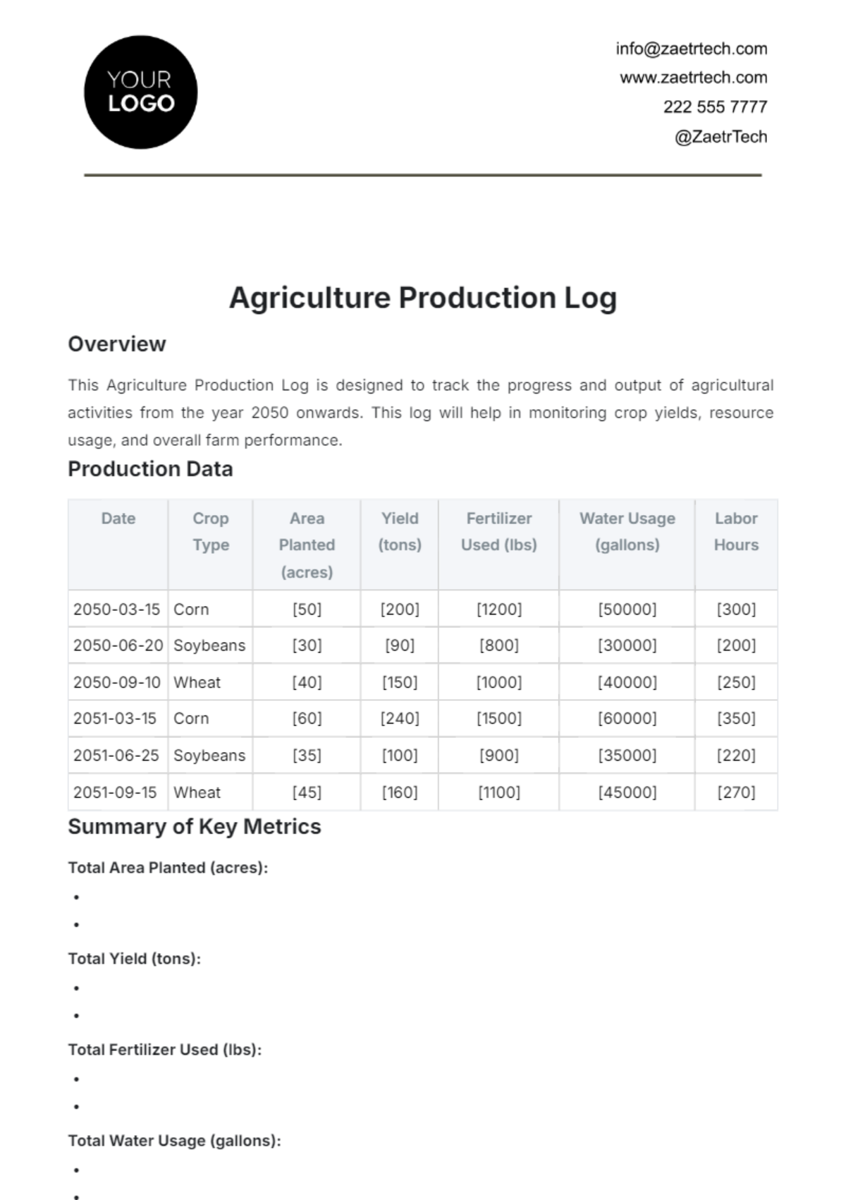 Agriculture Production Log Template - Edit Online & Download