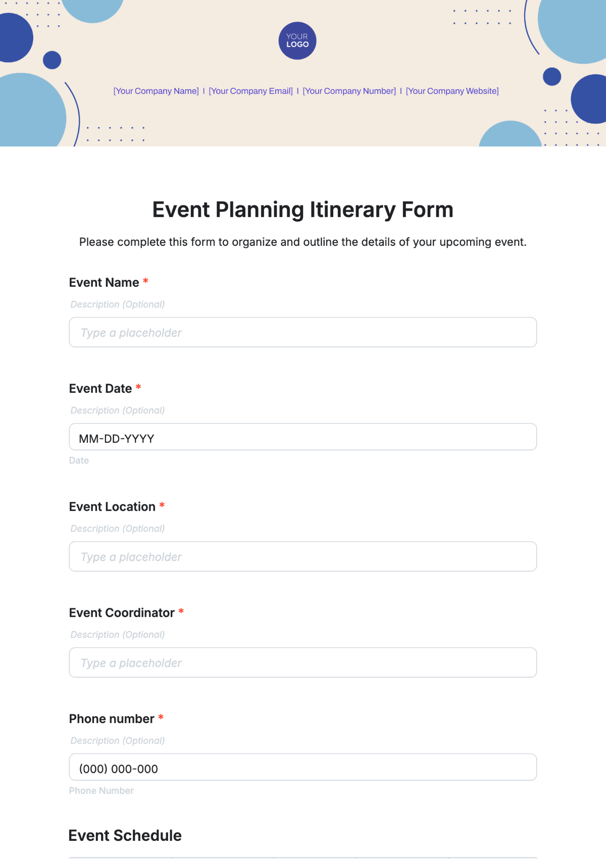 Event Planning Itinerary Form Template - Edit Online & Download