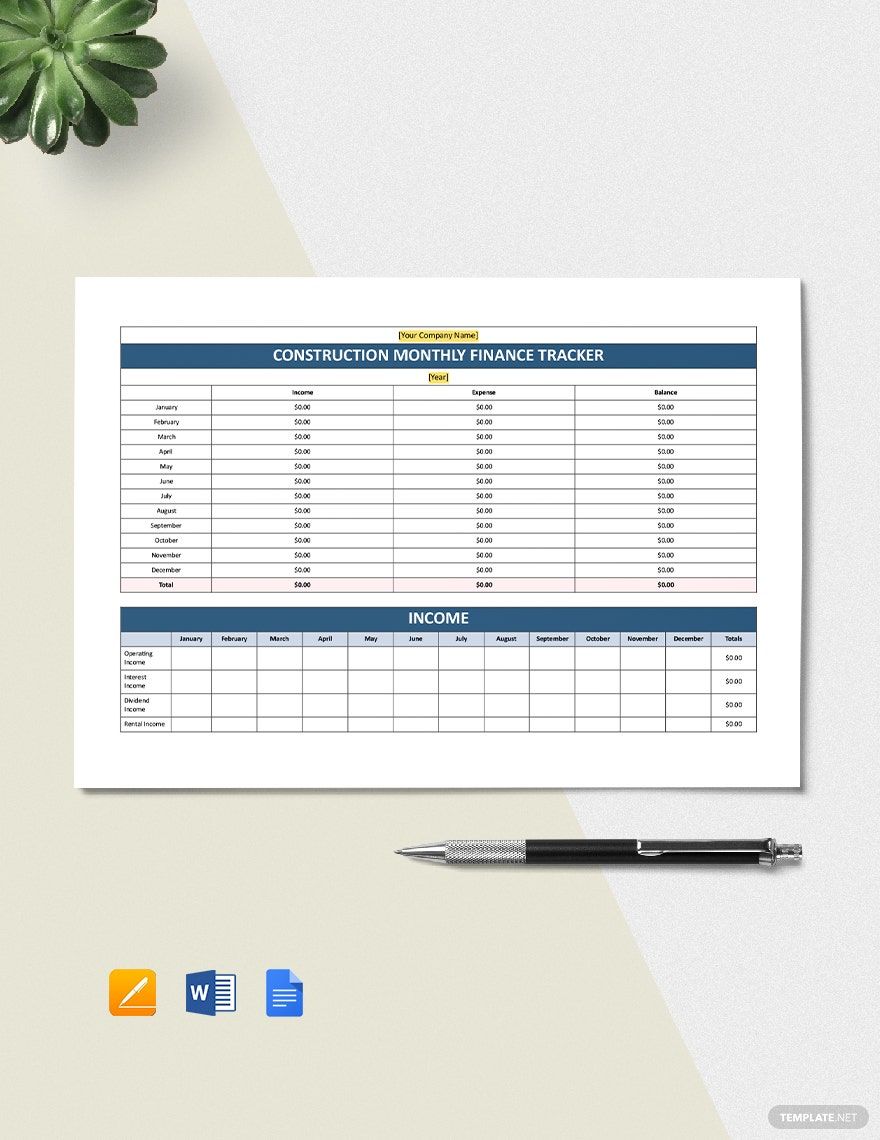 Construction Monthly Finance Tracking Template