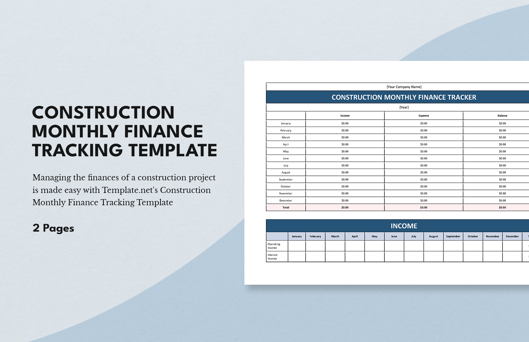 Construction Monthly Finance Tracking Template
