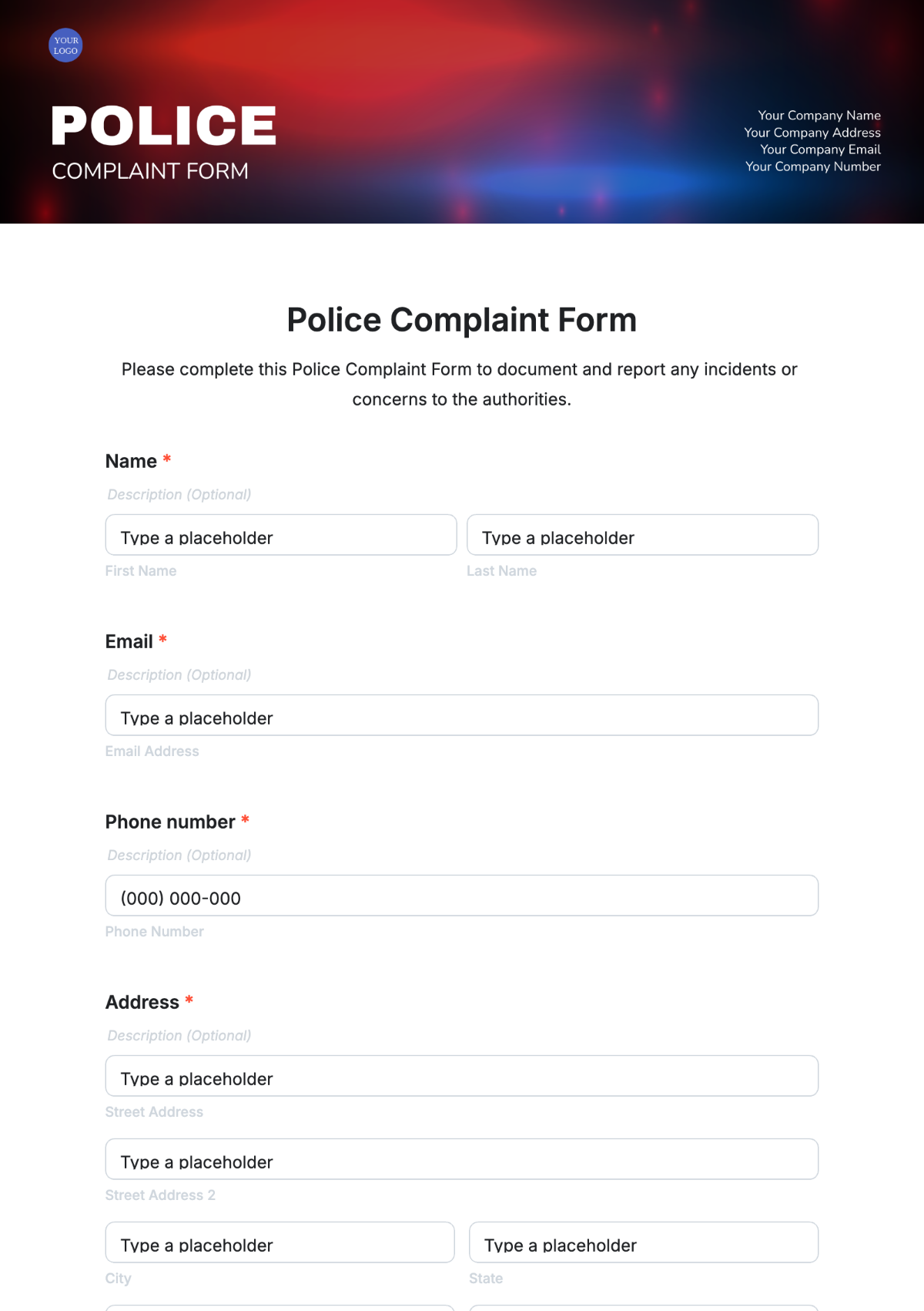 Police Complaint Form Template - Edit Online & Download