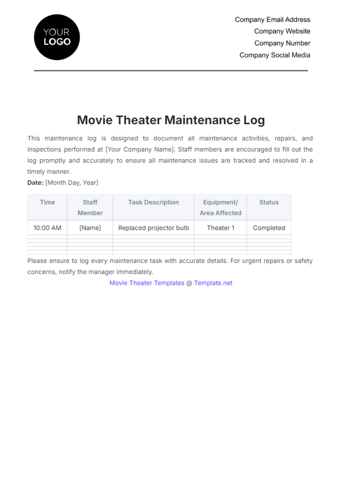 Movie Theater Maintenance Log Template - Edit Online & Download