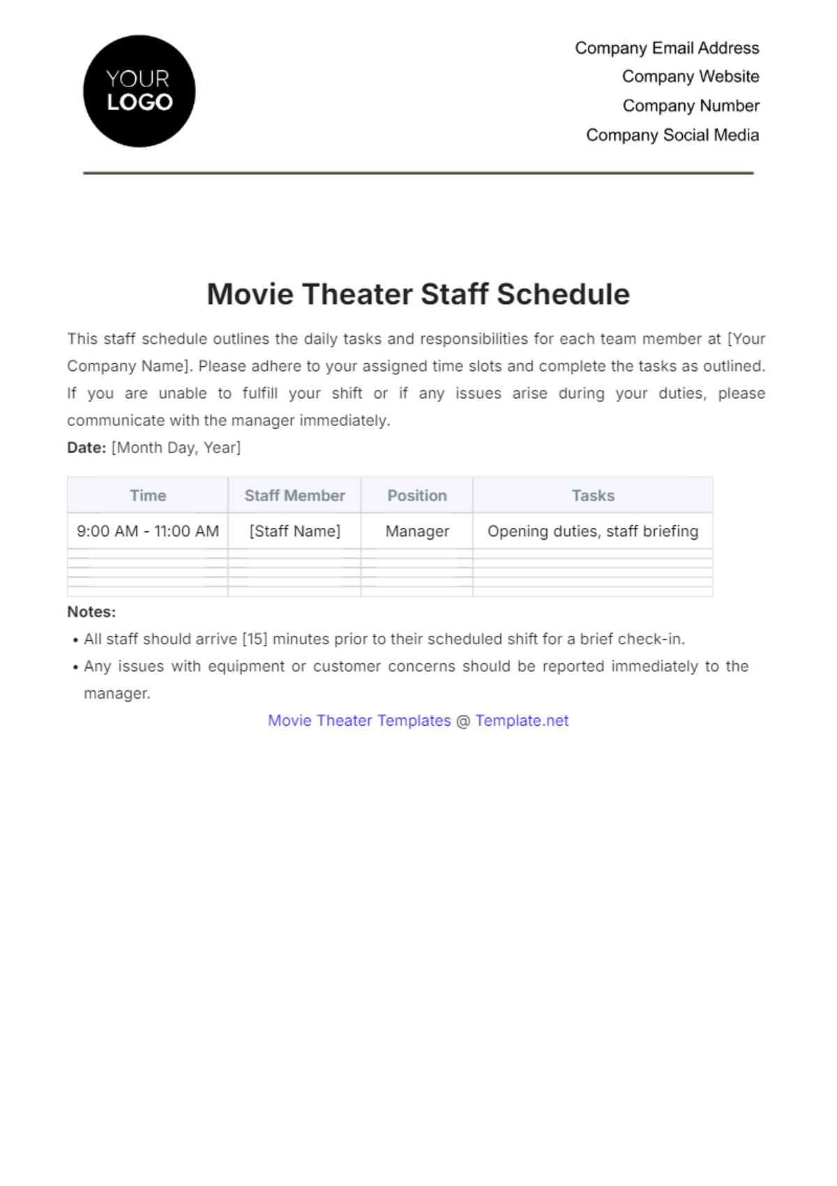 Movie Theater Staff Schedule Template - Edit Online & Download