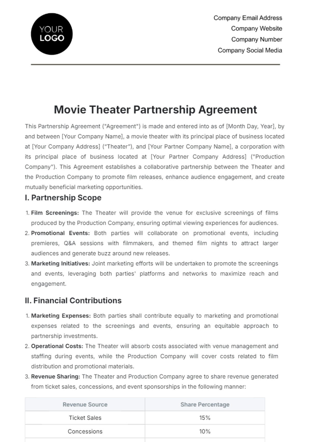 Movie Theater Partnership Agreement Template - Edit Online & Download