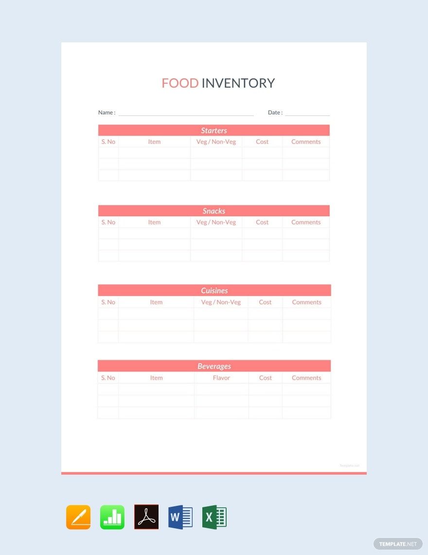 Food Inventory Sheet Template in Word, Google Docs, Excel, PDF, Google Sheets, Apple Pages, Apple Numbers