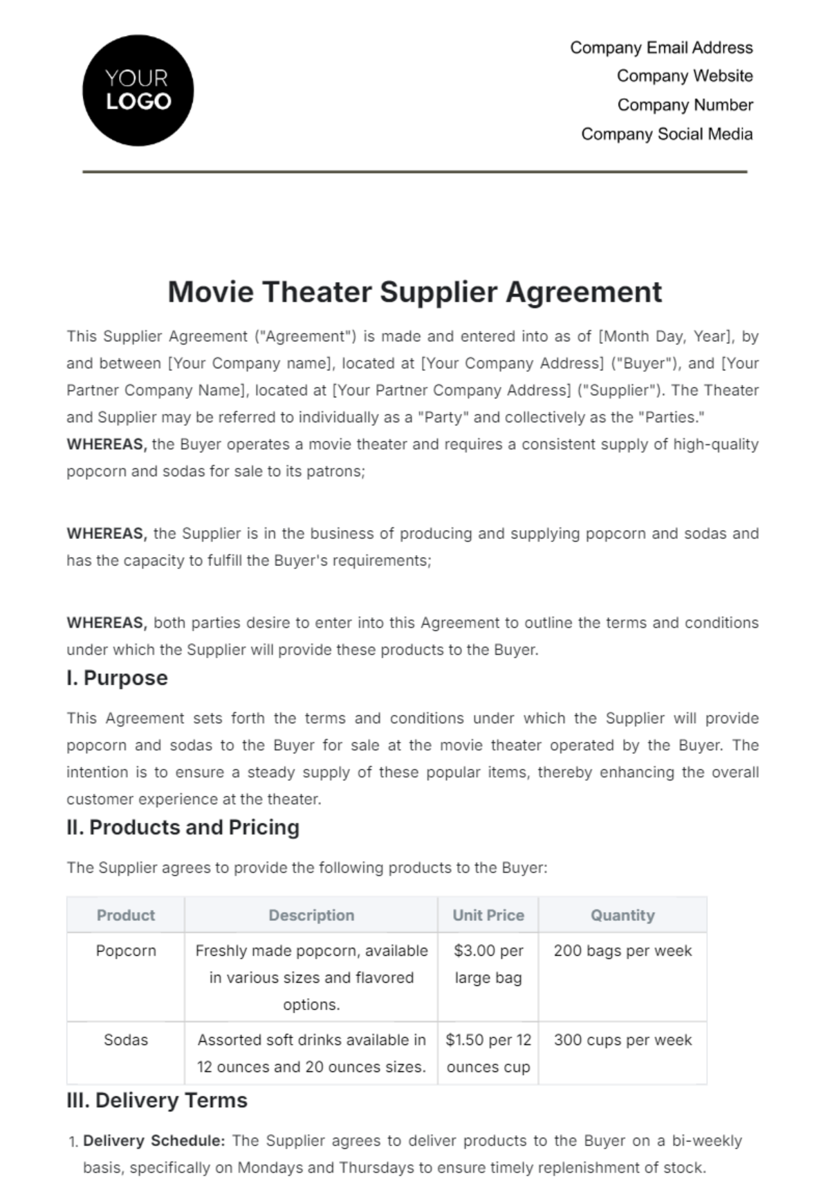 Movie Theater Supplier Agreement Template - Edit Online & Download