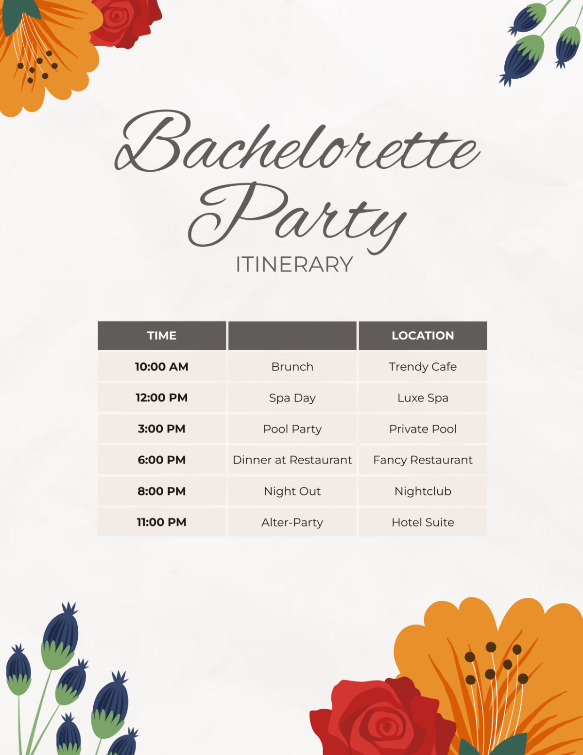 Bachelorette Itinerary Template