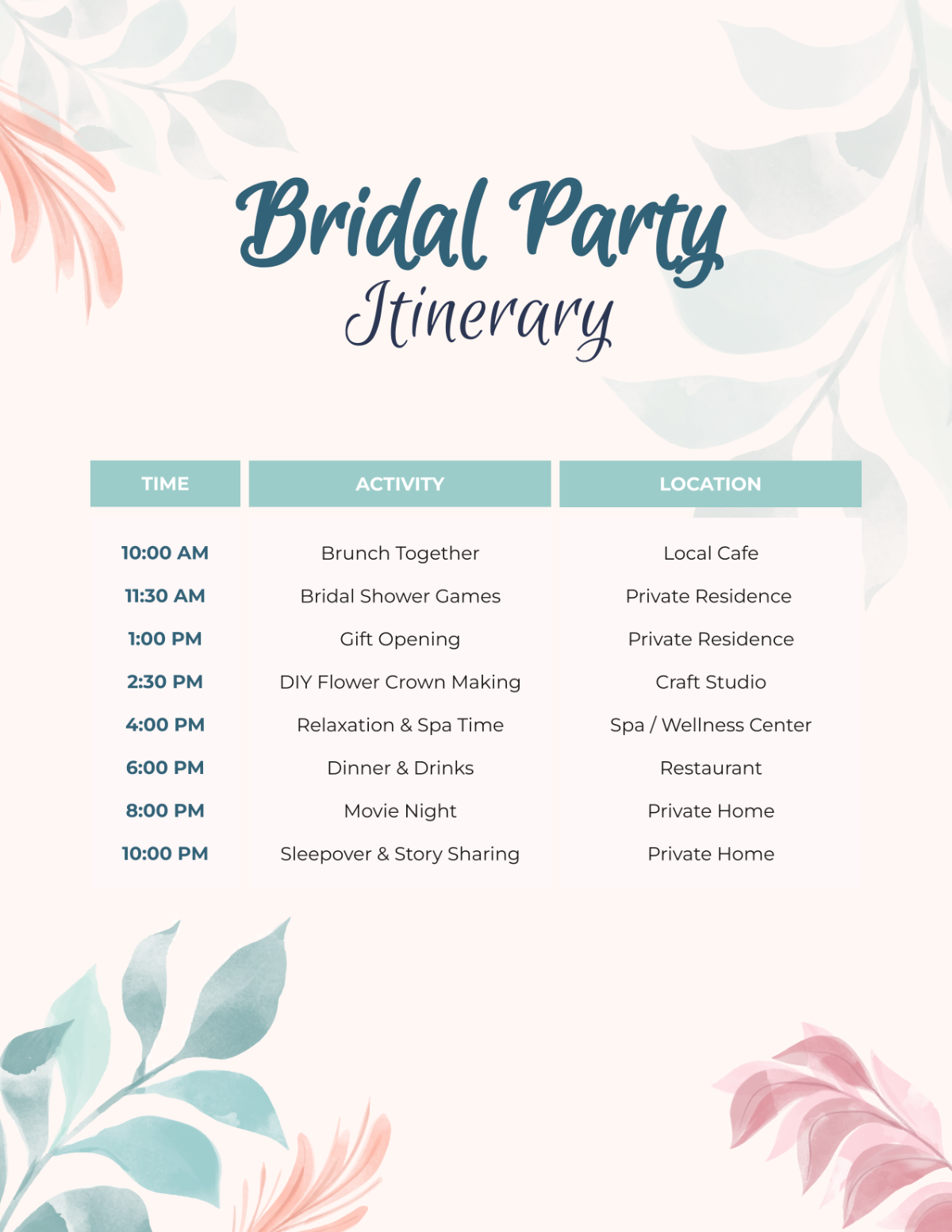 Bridal Party Itinerary