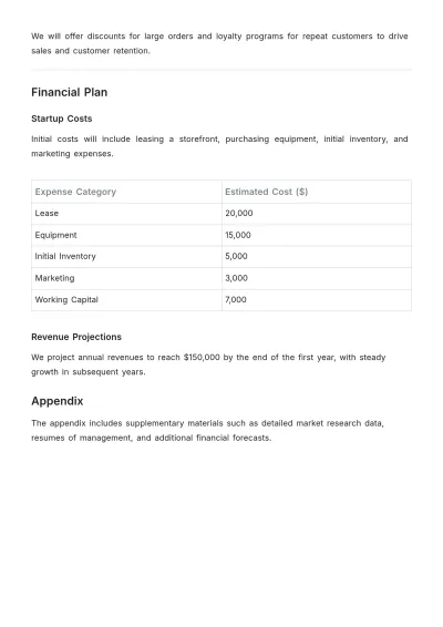 Free Startup Bakery Business Plan Template to Edit Online
