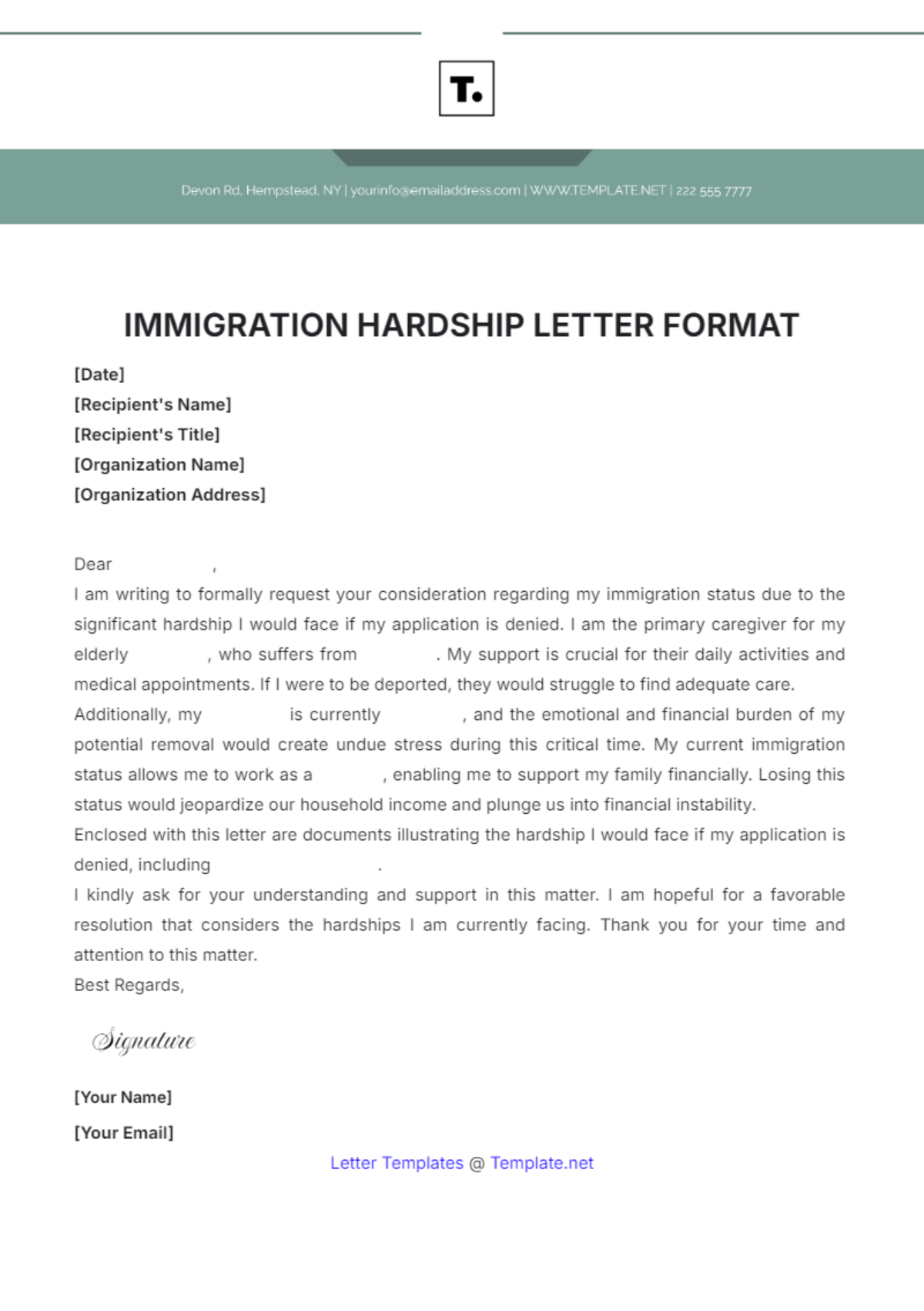 Free Immigration Hardship Letter Format Template