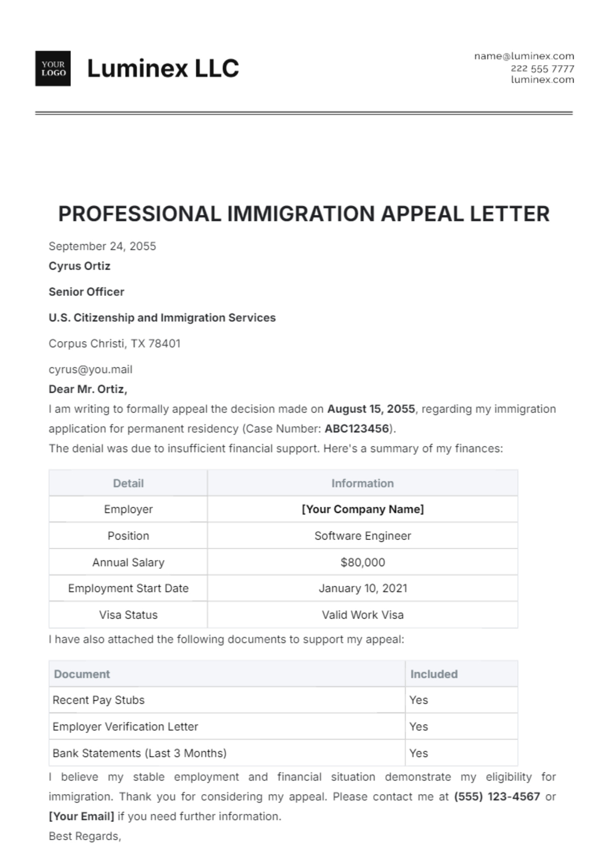 Professional Immigration Appeal Letter Template