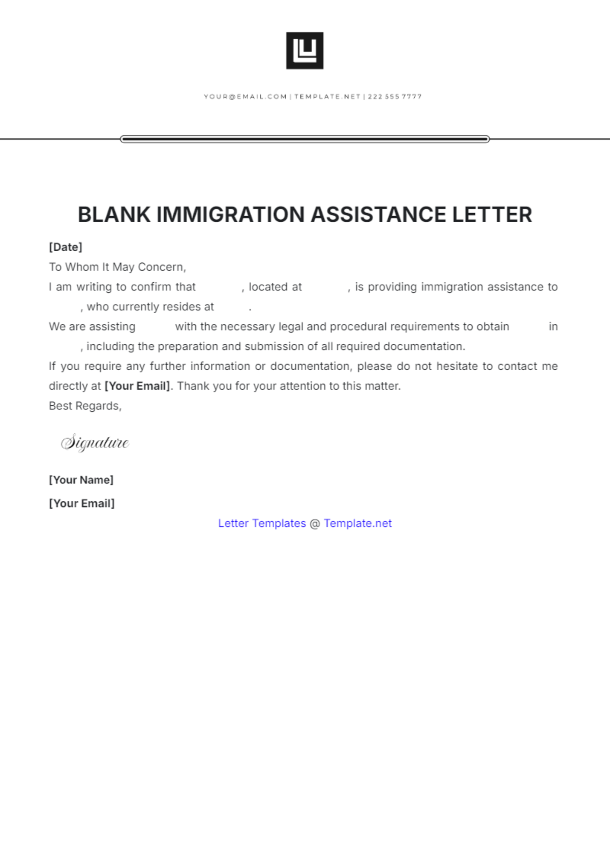 Blank Immigration Assistance Letter Template