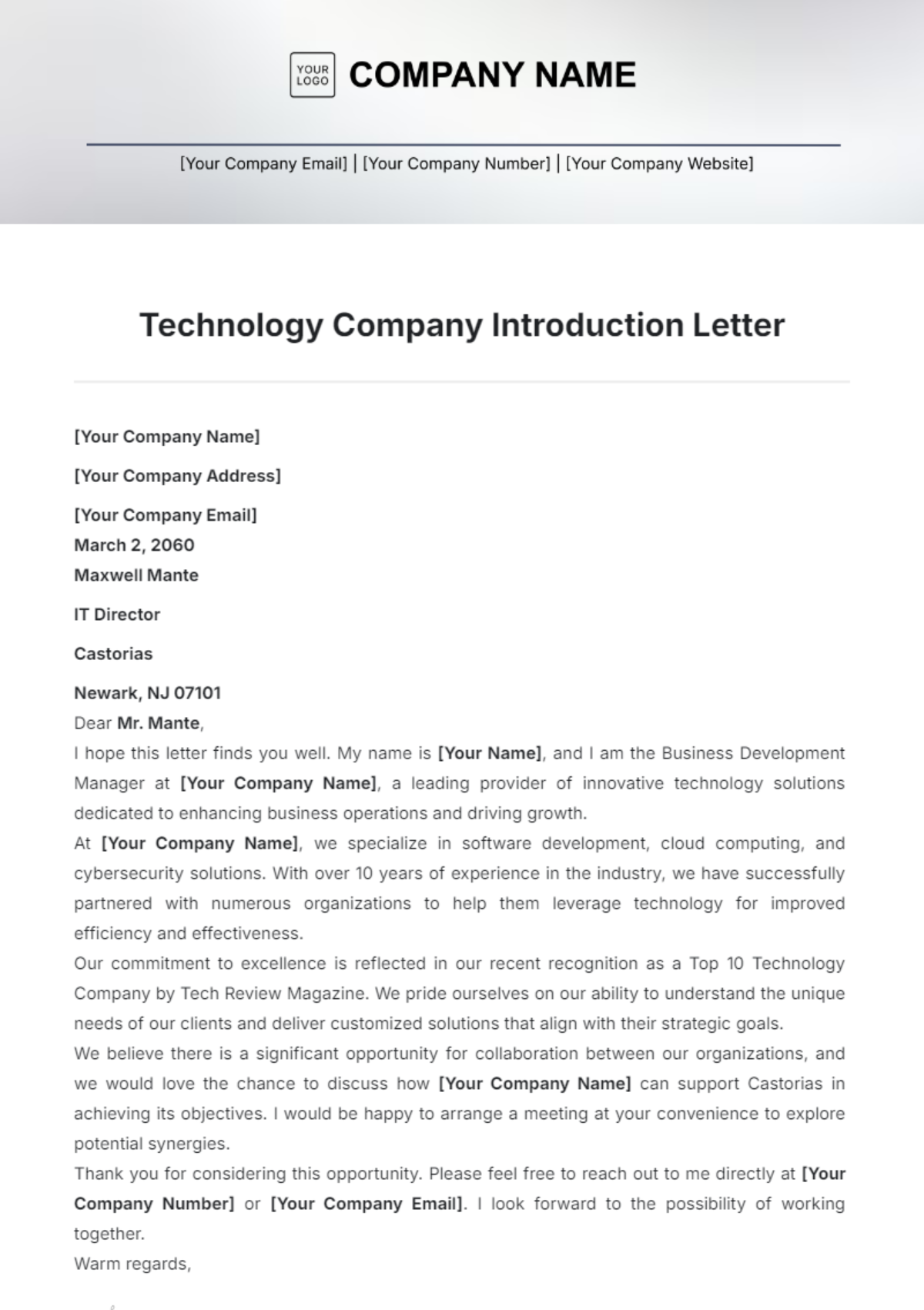 Technology Company Introduction Letter Template - Edit Online & Download