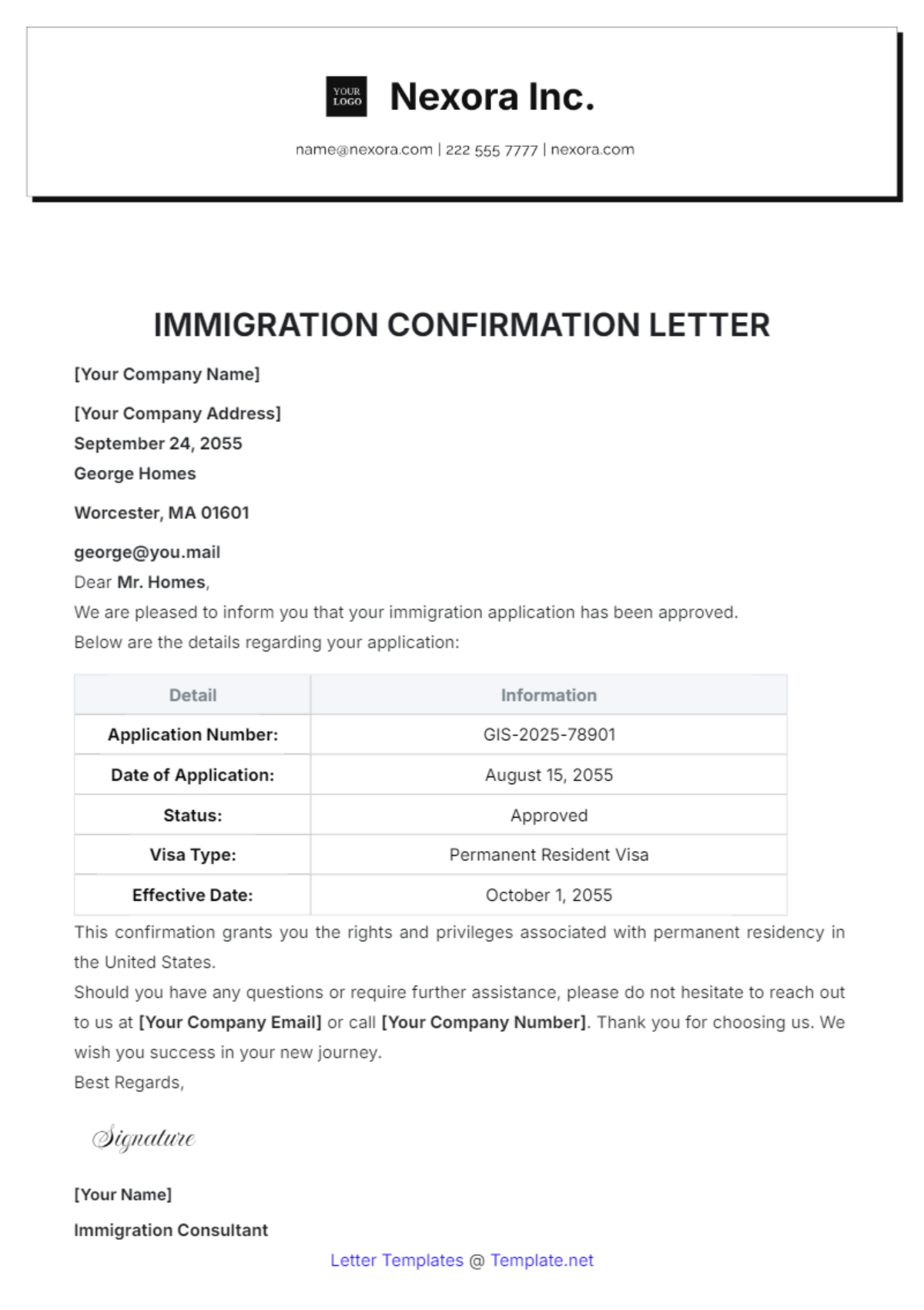 Immigration Confirmation Letter Template