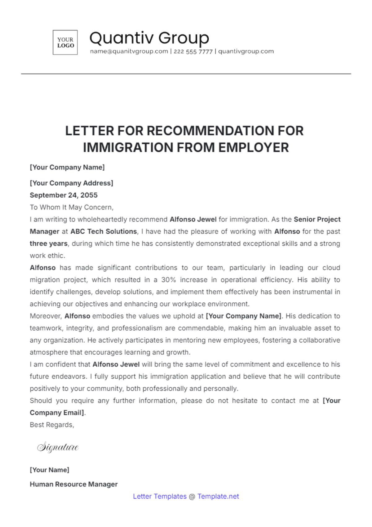 Free Letter of Recommendation for Immigration from Employer Template