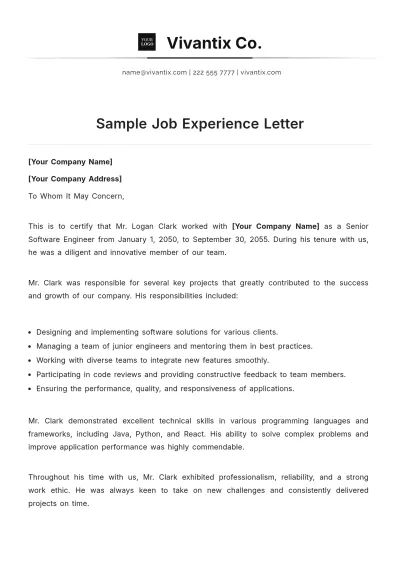 Free Sample Job Experience Letter Template to Edit Online