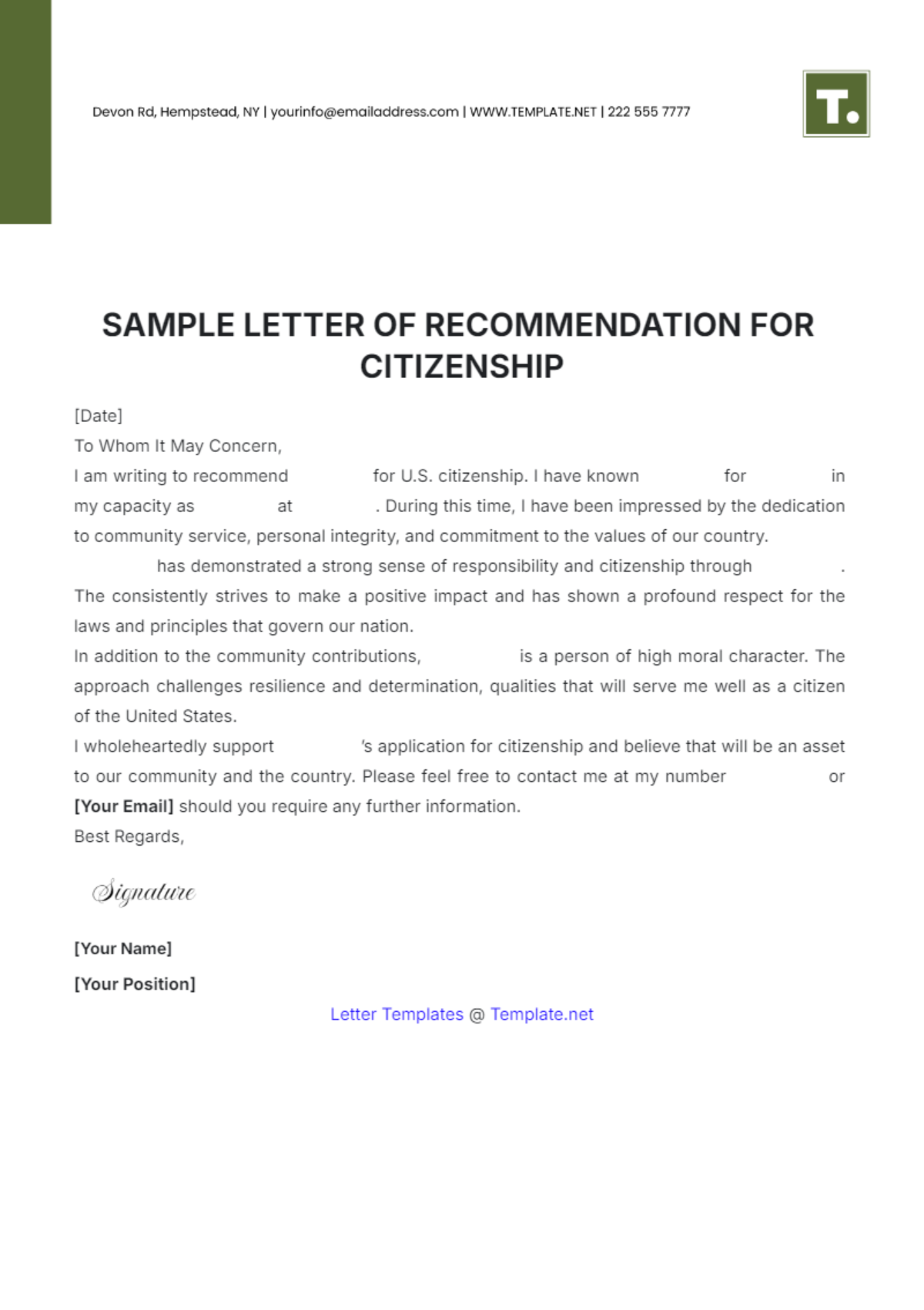 Sample Letter of Recommendation for Citizenship Template