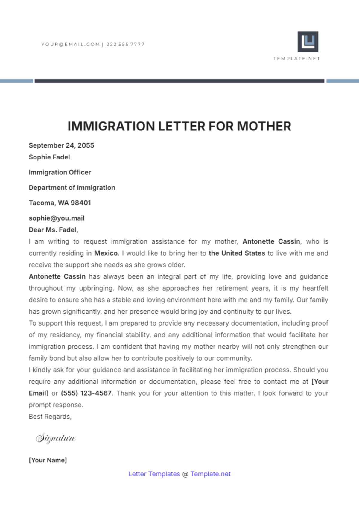 Immigration Letter for Mother Template