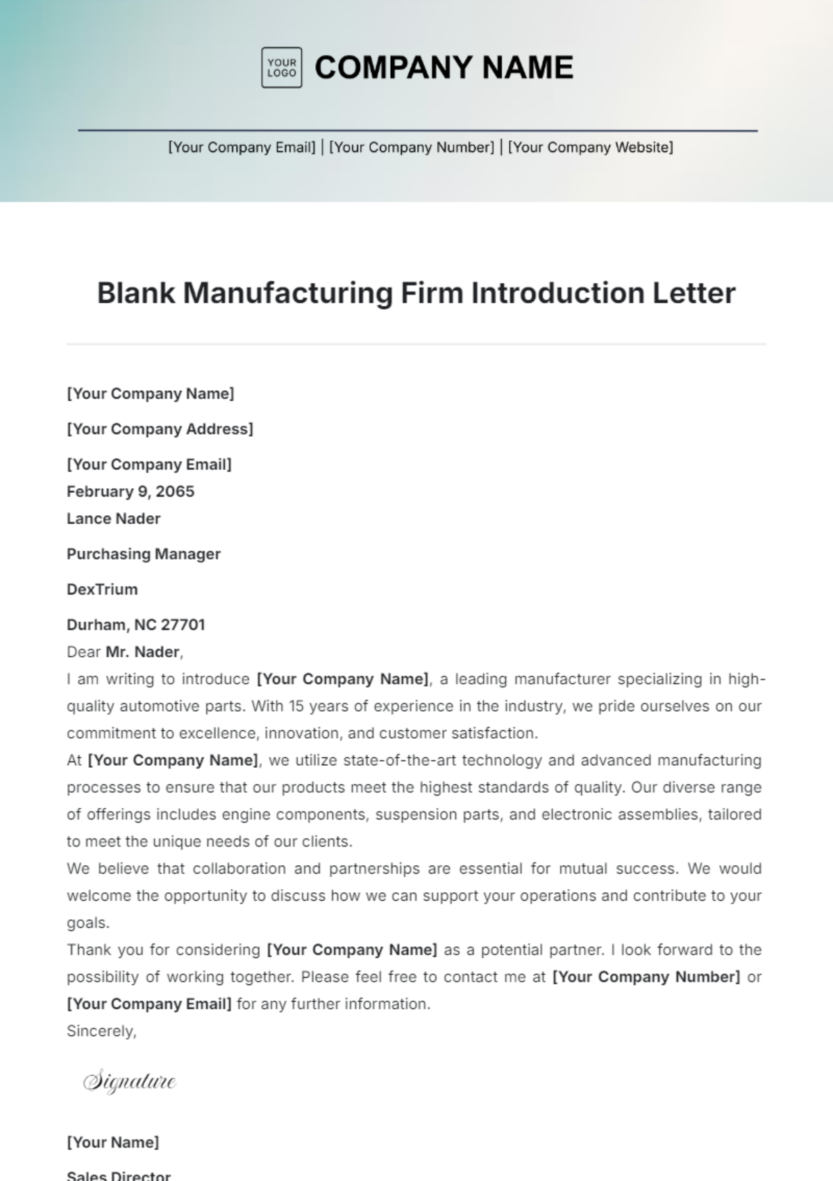 Blank Manufacturing Firm Introduction Letter Template