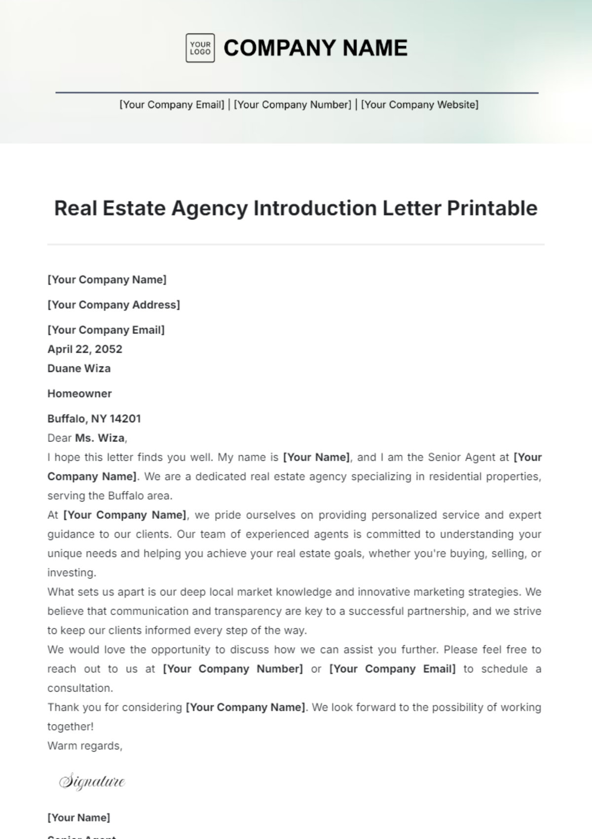 Real Estate Agency Introduction Letter Printable Template