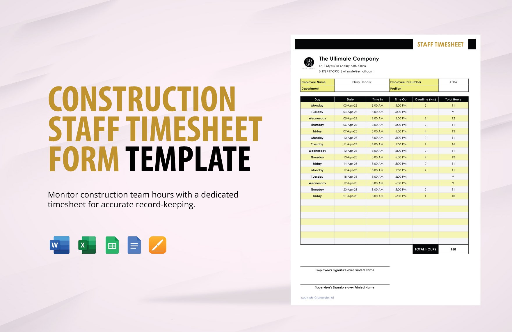Construction Staff Timesheet Form Template in Word, Google Docs, Excel, Google Sheets, Apple Pages