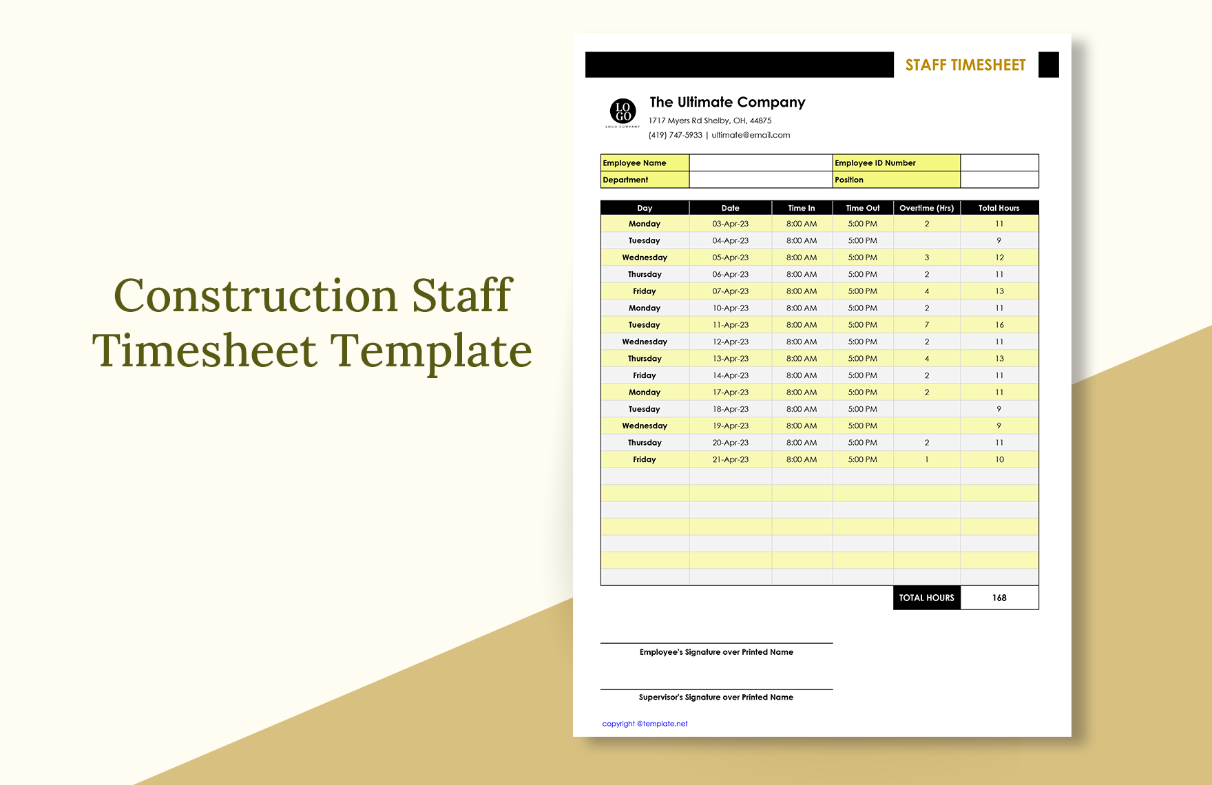 Construction Staff Timesheet Form Template