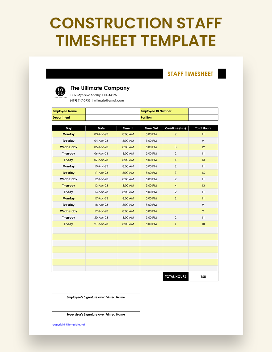 Construction Staff Timesheet Form Template