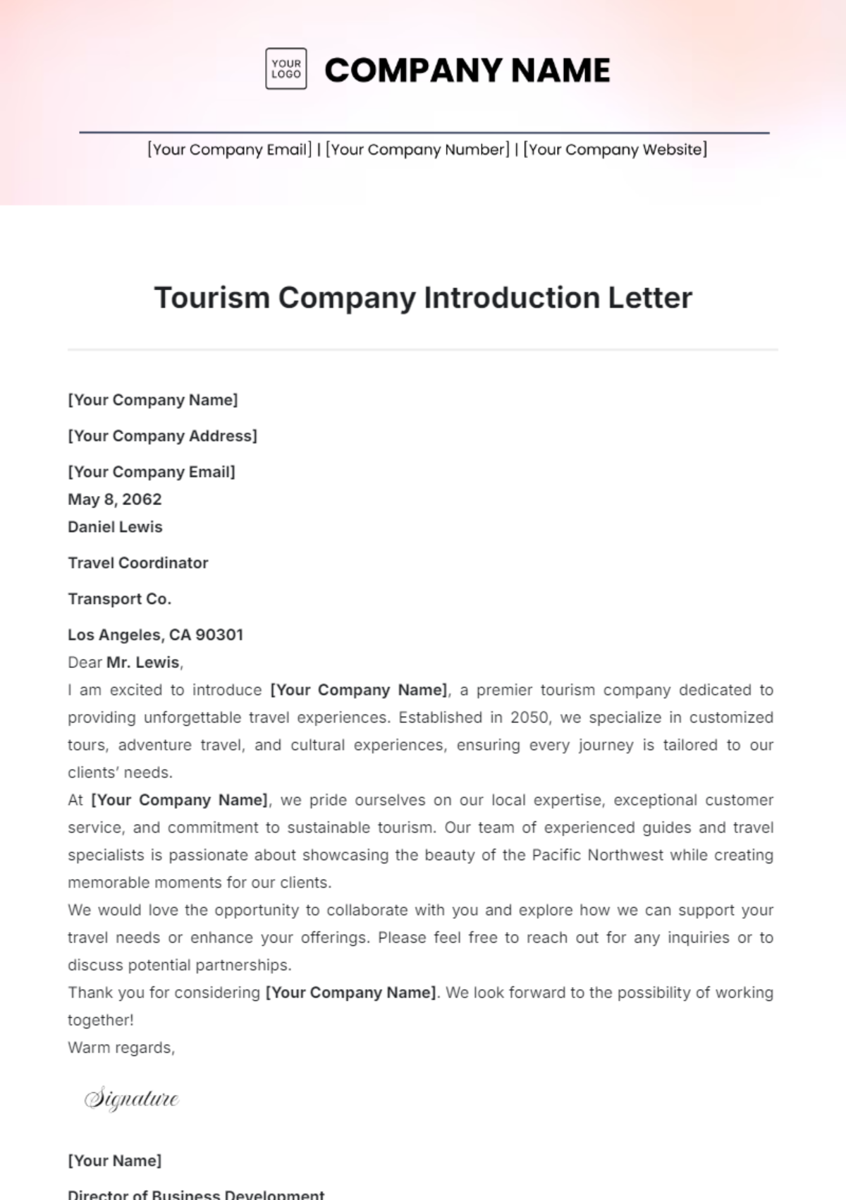 Tourism Company Introduction Letter Template