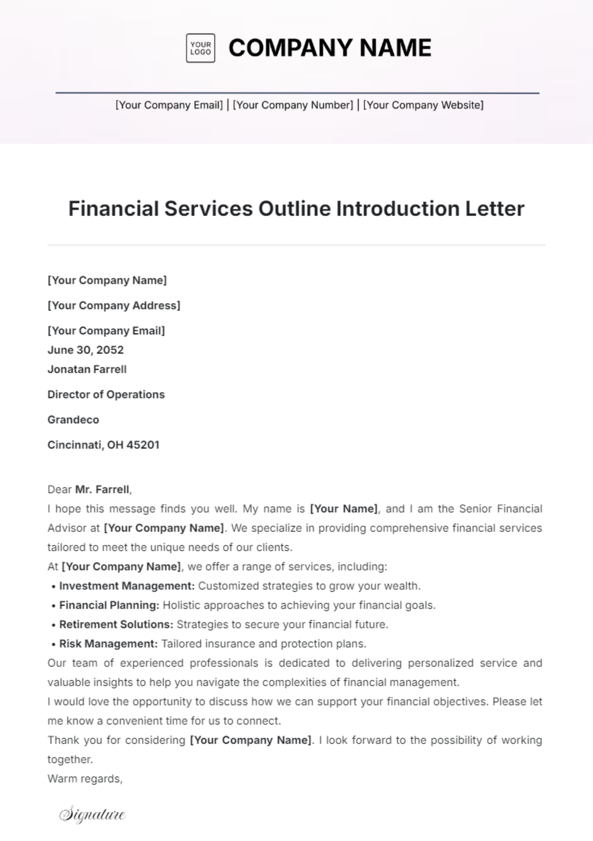 Financial Services Outline Introduction Letter Template