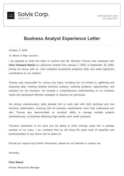 Free Business Analyst Experience Letter Template to Edit Online
