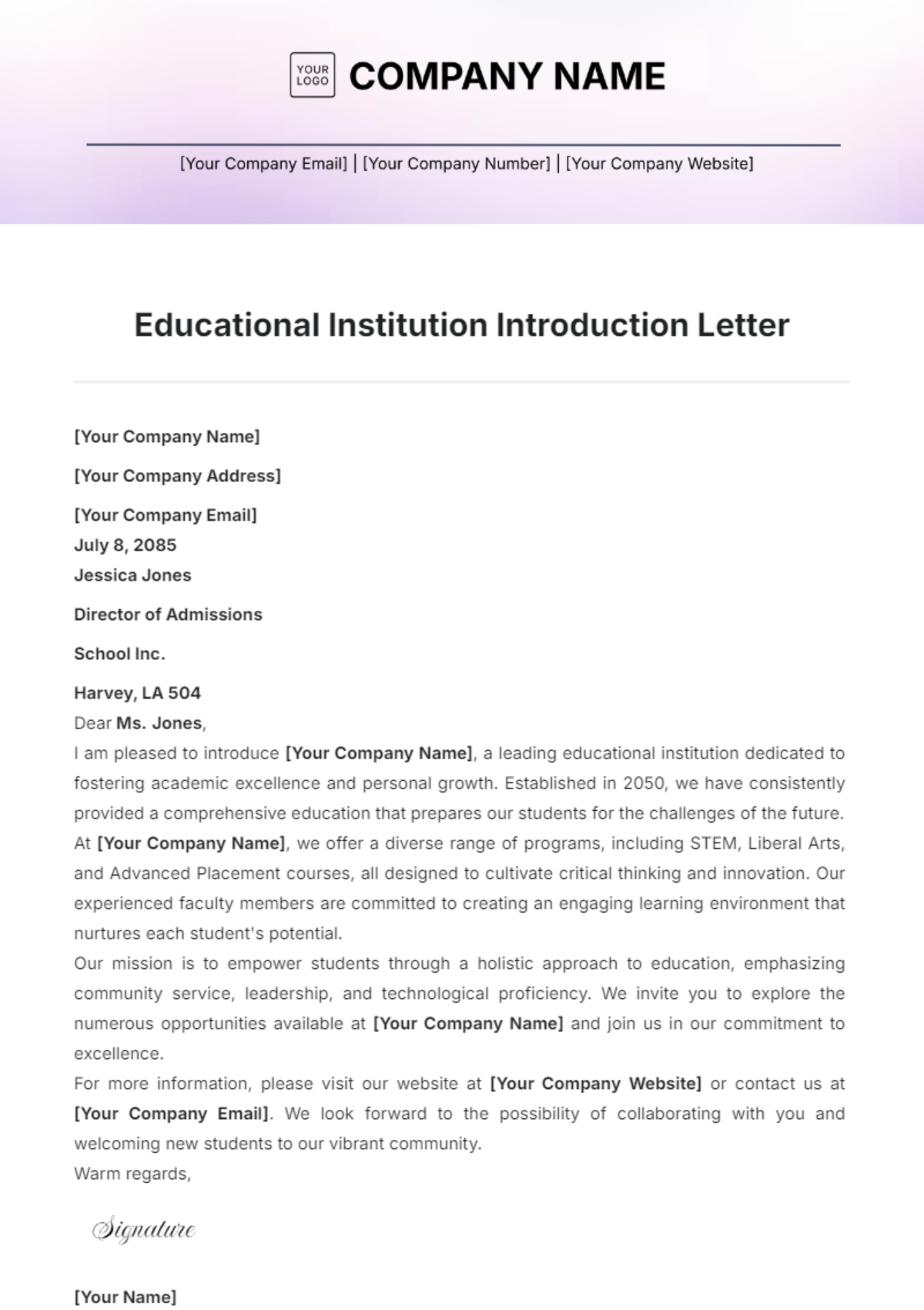 Educational Institution Introduction Letter Template