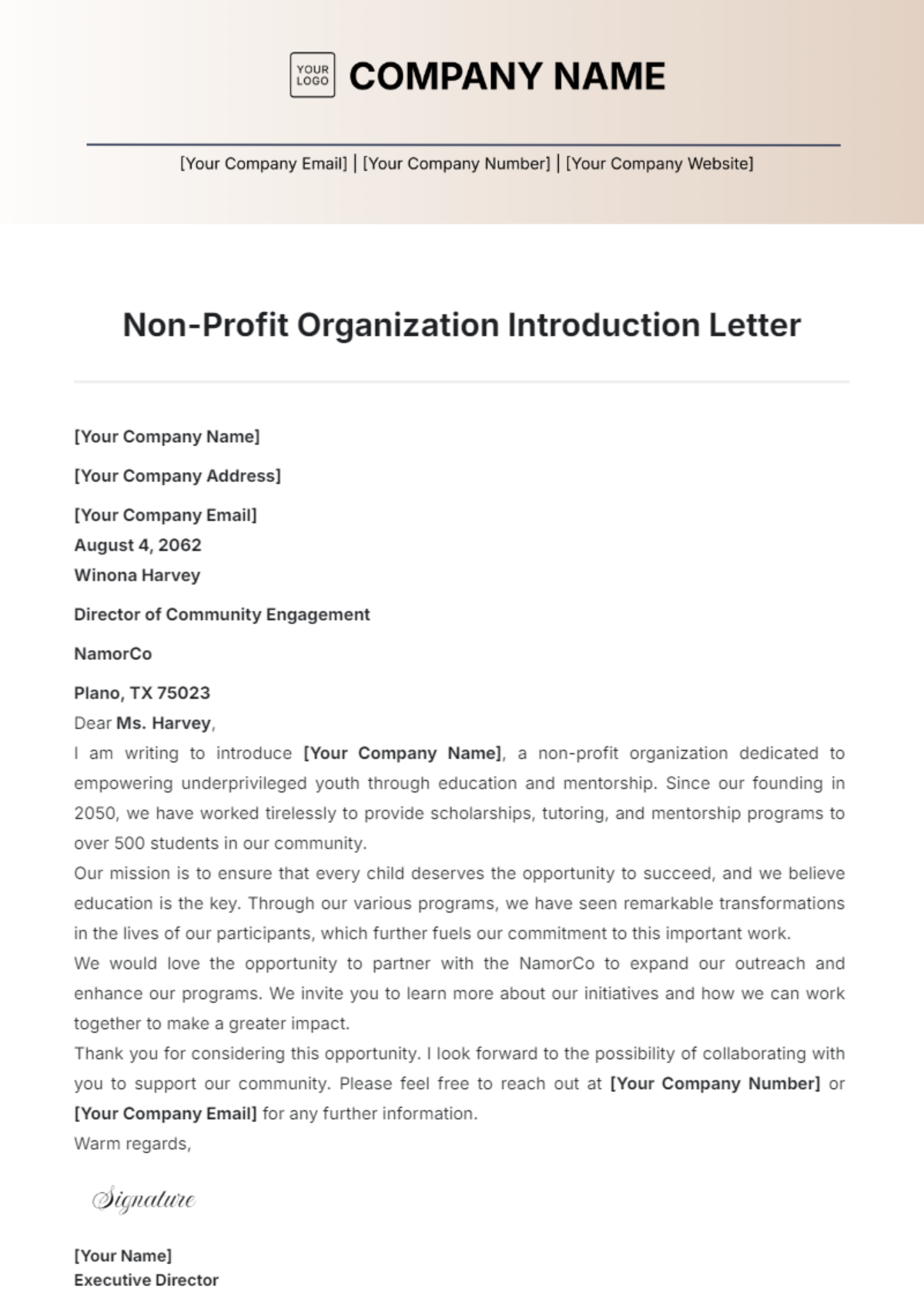 Non-Profit Organization Introduction Letter Template