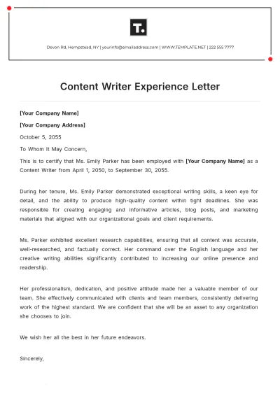 Free Content Writer Experience Letter Template to Edit Online