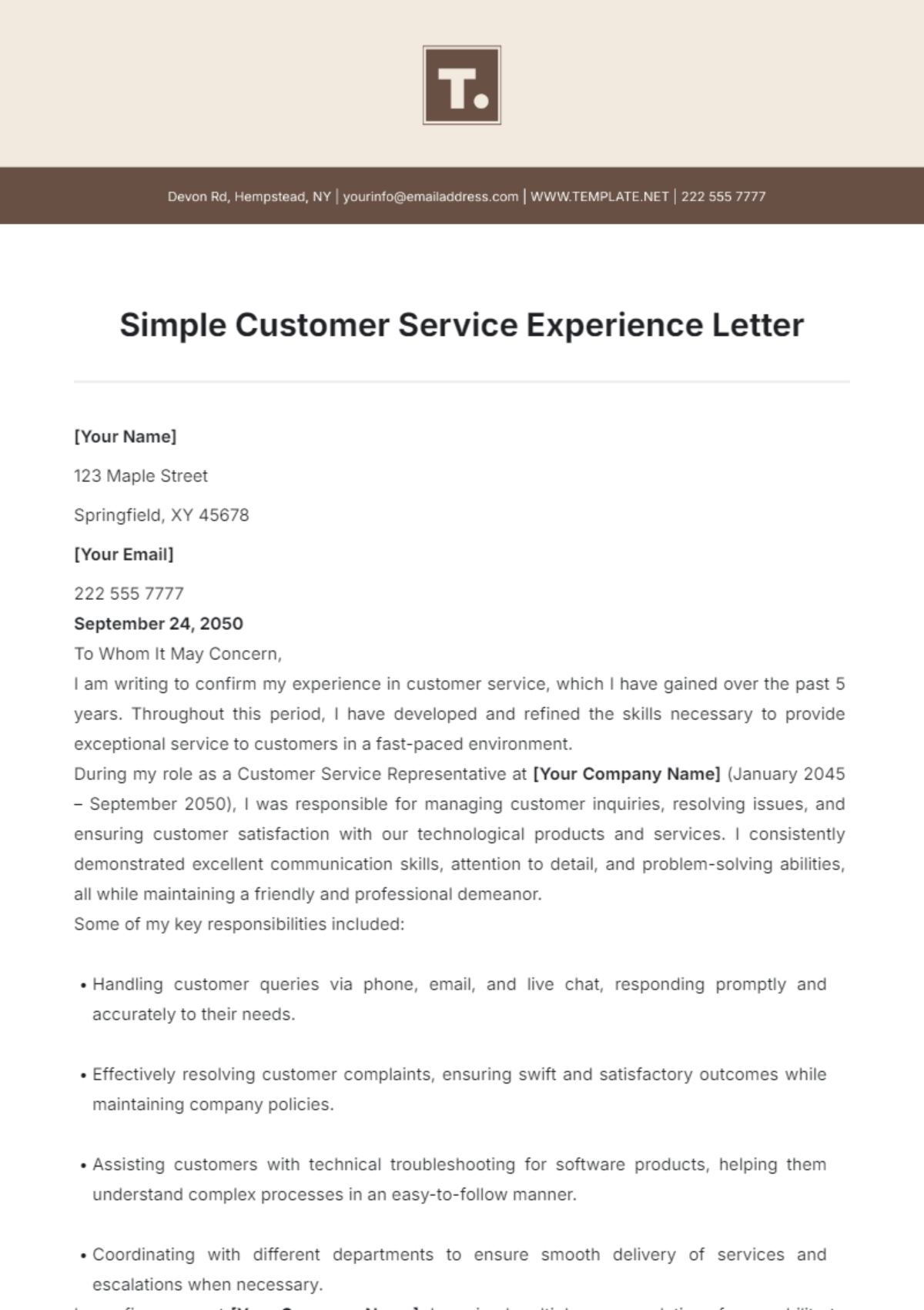 Simple Customer Service Experience Letter Template - Edit Online & Download