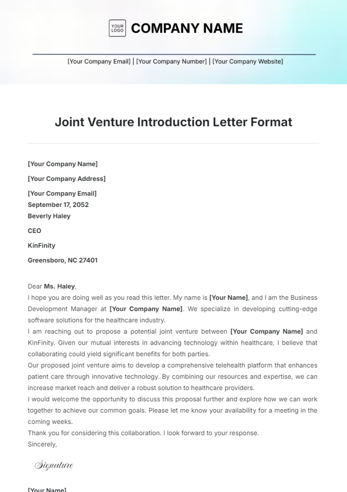 Joint Venture Introduction Letter Format Template