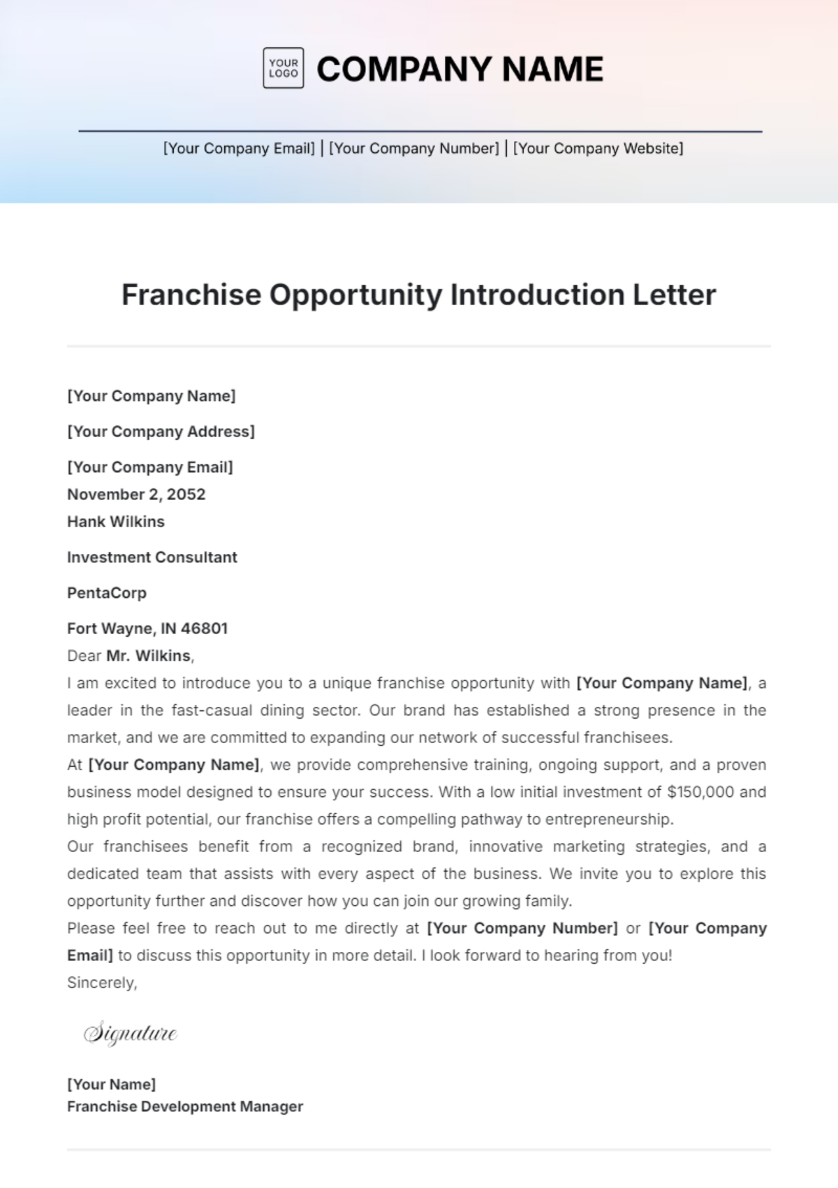 Franchise Opportunity Introduction Letter Template