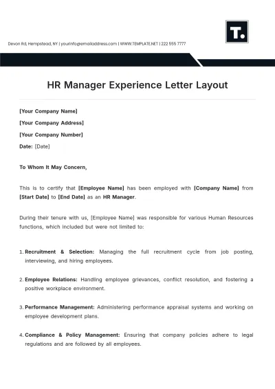 Free HR Manager Experience Letter Layout Template to Edit Online