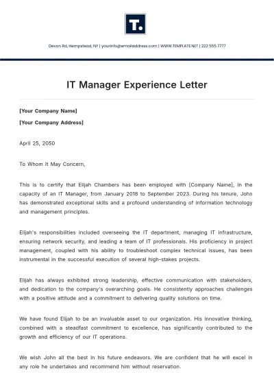 Free IT Manager Experience Letter Template to Edit Online