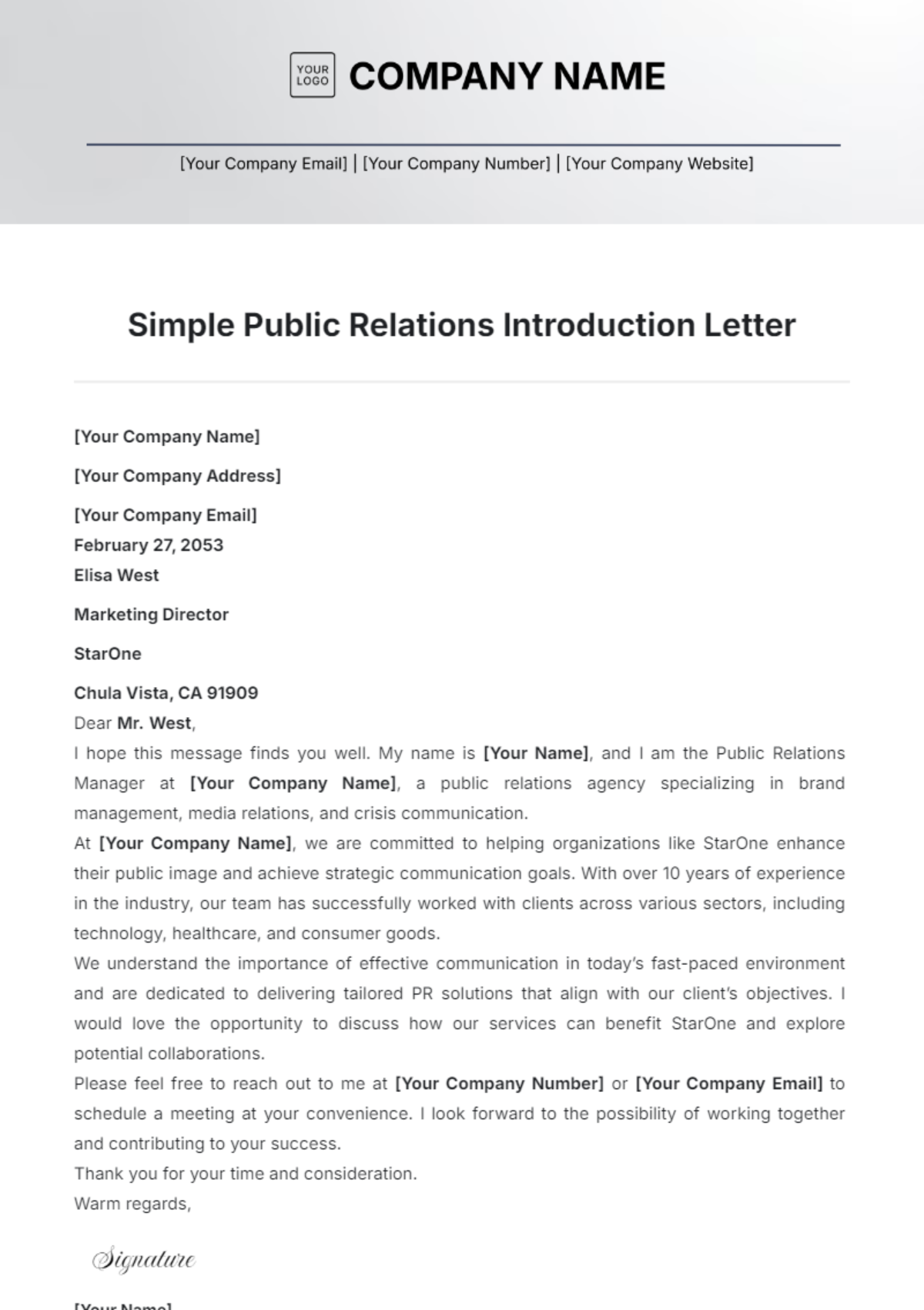 Simple Public Relations Introduction Letter Template